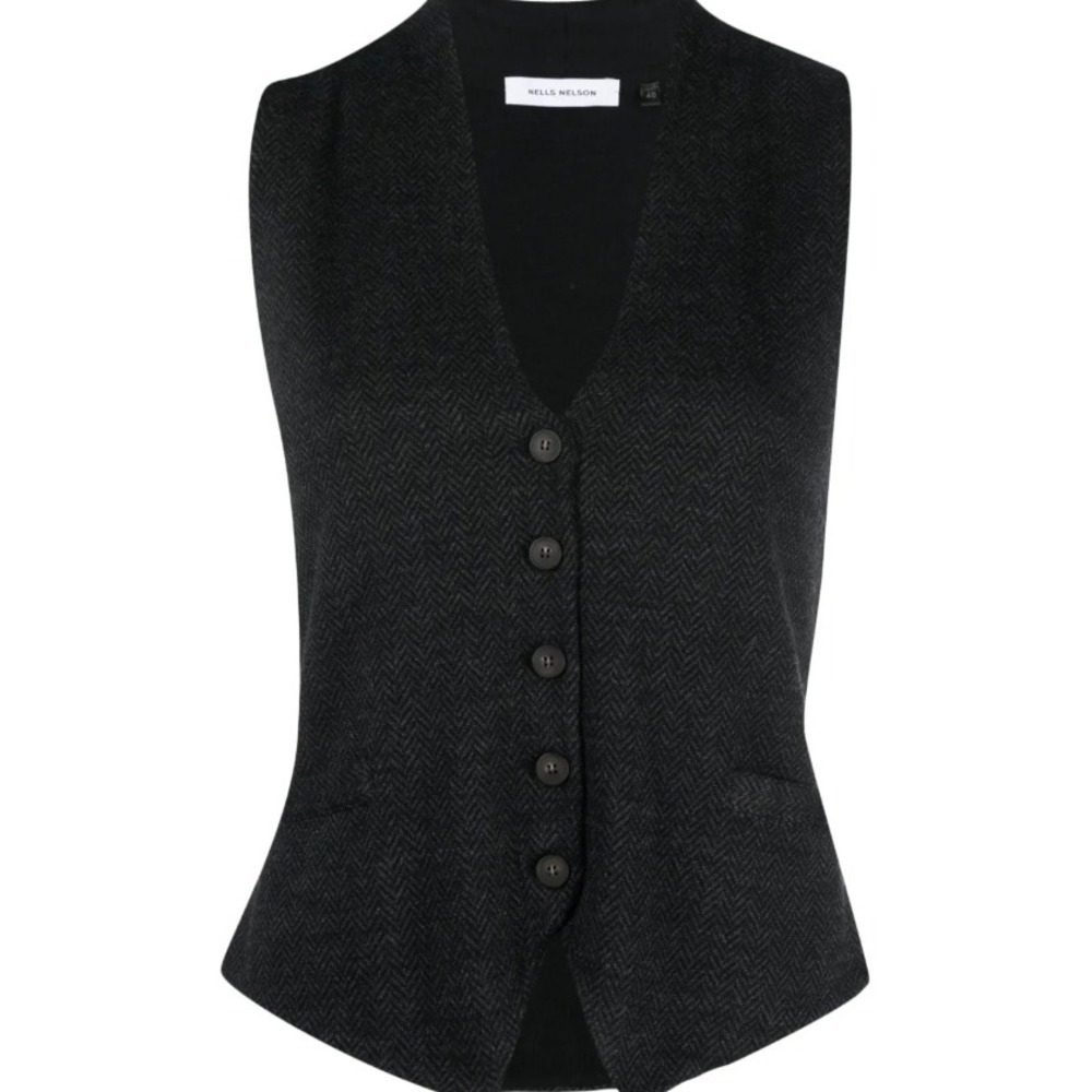 Nells Nelson Merino Wool Silk Vest Gray Black Lagenlook Annie Hall Minimalist 40